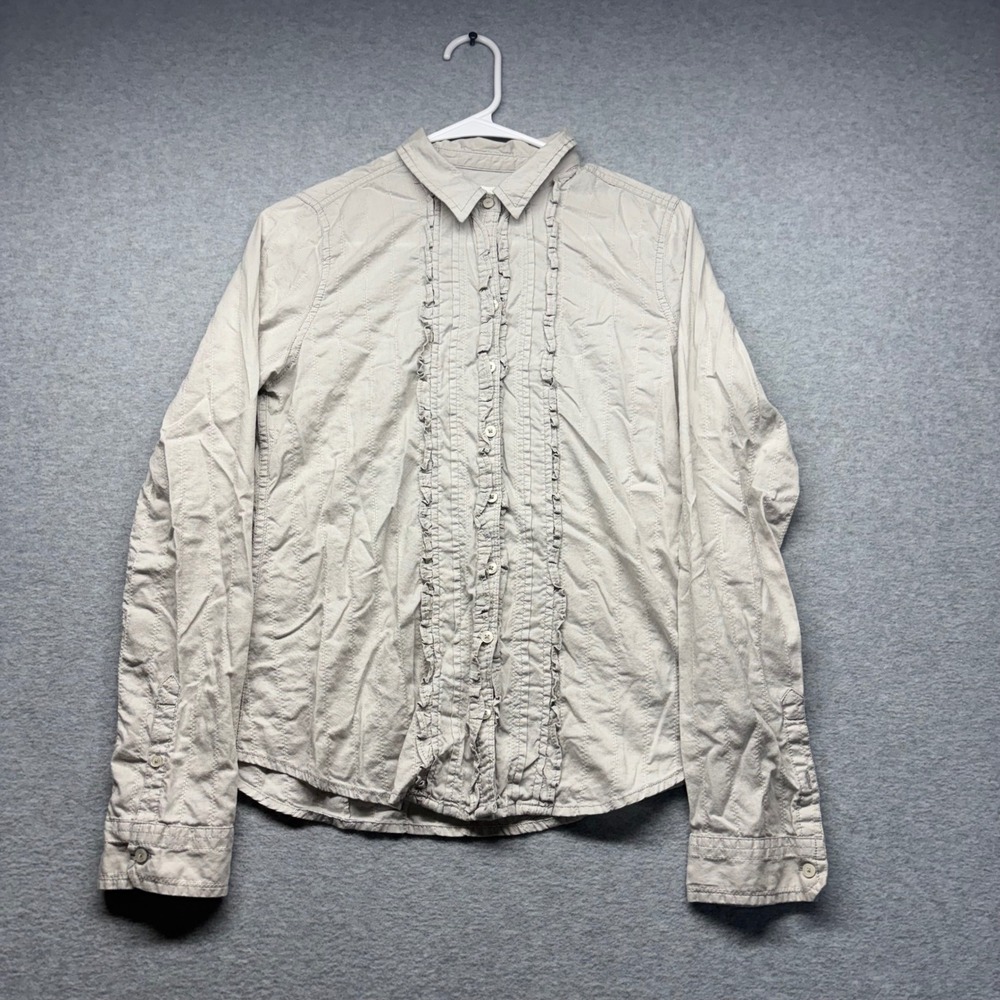Abercrombie & Fitch Womens Medium Tan Ruffle Front Long Sleeve Button Down Shirt
